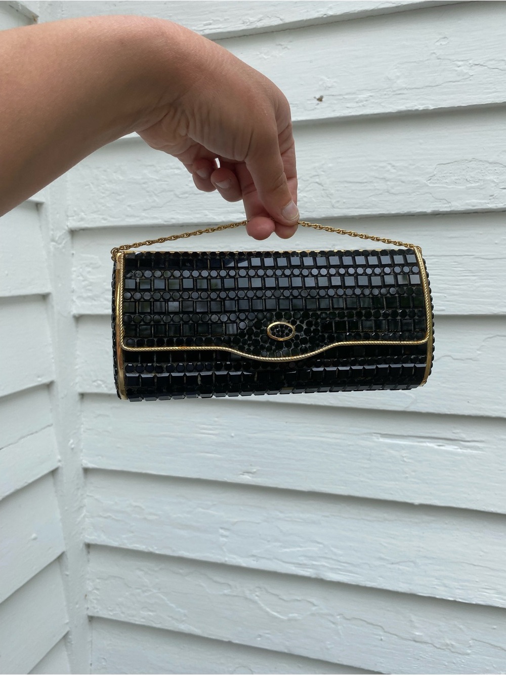 Vintage Black Rhinestone Beaded Clutch with Gold Chain
